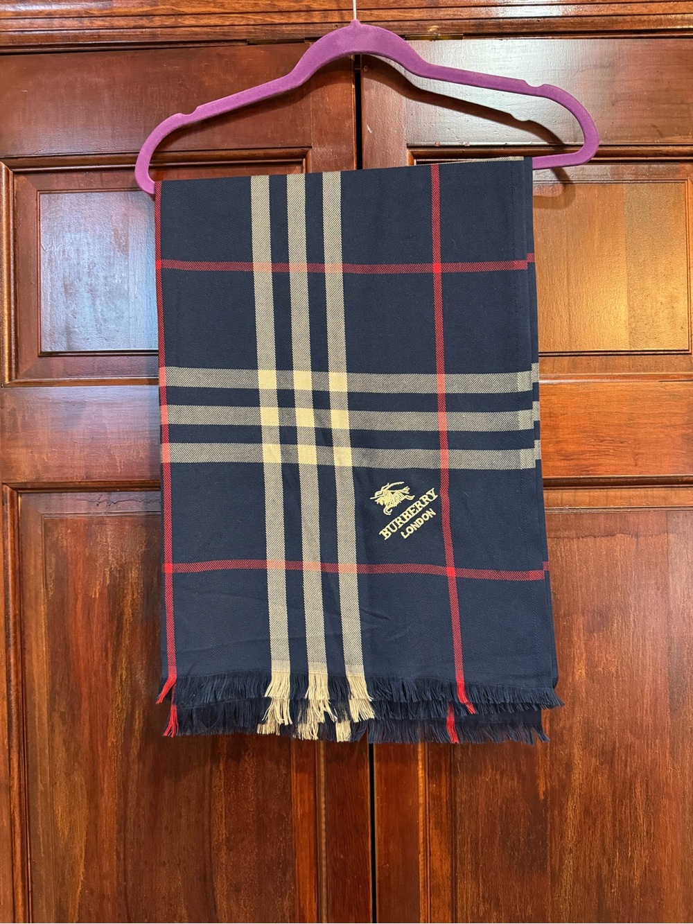 Burberry Navy Plaid Scarf with Red & Beige Stripes